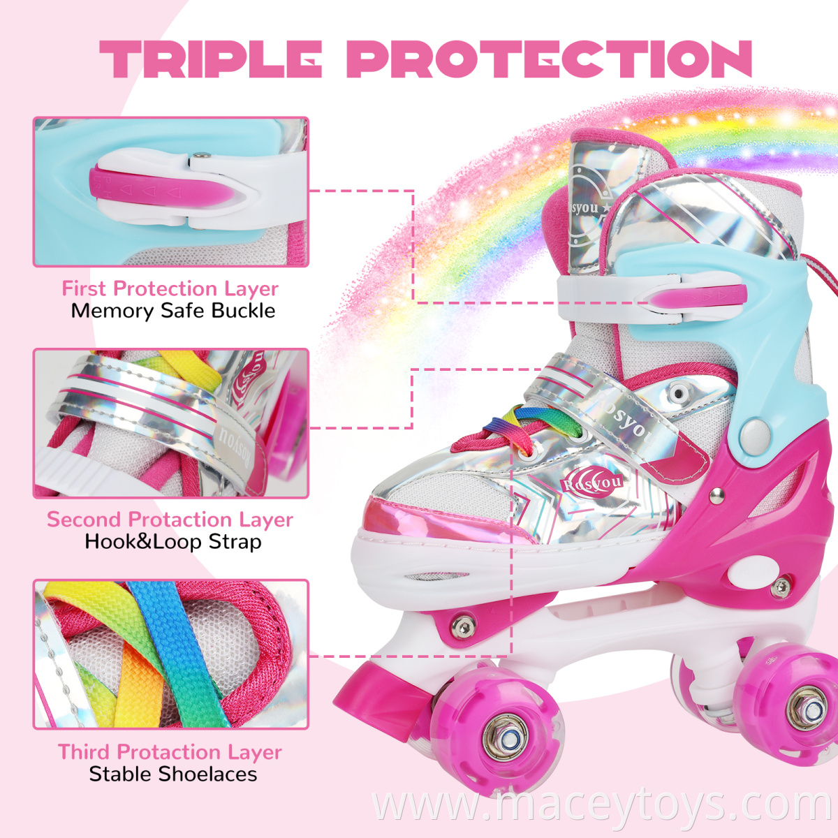 3-color high quality Outdoor playing Hot seller Sports Kids Roller Skate Shoes Free accessories